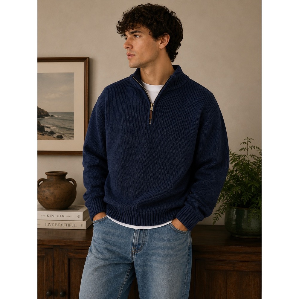 St Johns Bay Mens Large Navy Blue 100% Cotton Ribbed‎ Quarter Zip Sweater |K1